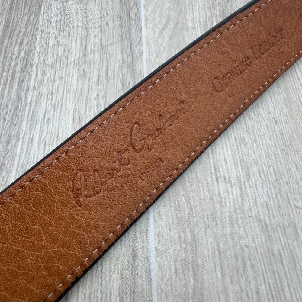 Robert Graham Men’s Brown Paisley Tooled Embossed Teal Stitch Belt | Size 32